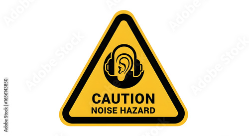Yellow triangular caution sign with headphones icon, clearly indicating a noise hazard and the mandatory requirement for hearing protection in loud work environments to prevent auditory damage