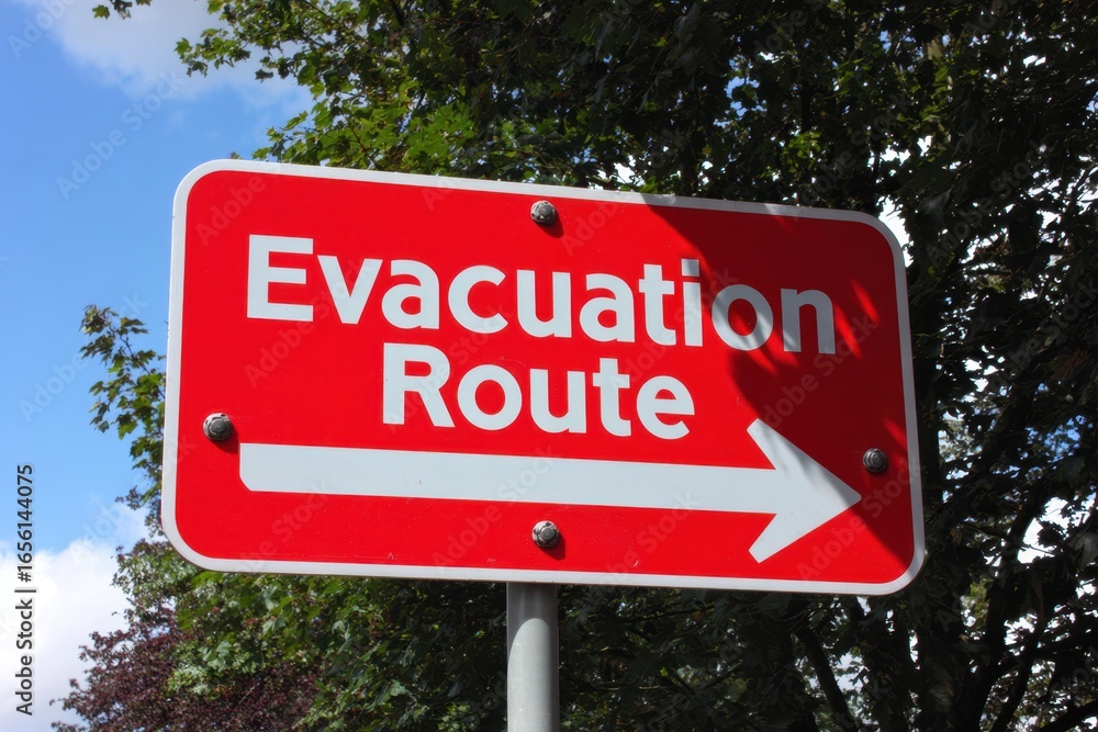 Fototapeta premium Red Evacuation Route Sign with Arrow Pointing Right under Tree Canopy.