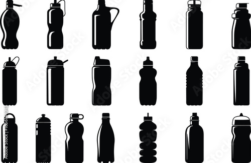 Twenty unique black water bottle silhouettes in various shapes and lid designs, arranged in a grid, ideal for sports, travel, and hydration themes