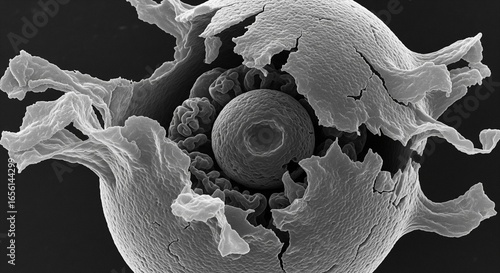 High-magnification electron micrograph showing a central biological sphere emerging from a ruptured outer layer