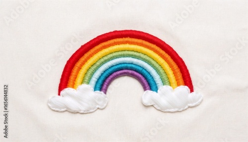 Embroidered rainbow patch with colorful stripes and white clouds  