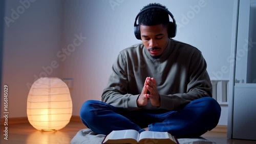 man praying with folded hands and headphones in front of a book – seamless loop

