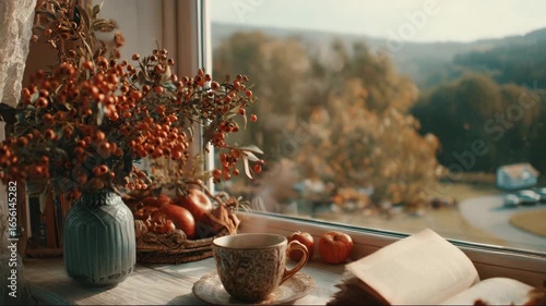 Cozy window scene with flowers, tea, and an open book in autumn  