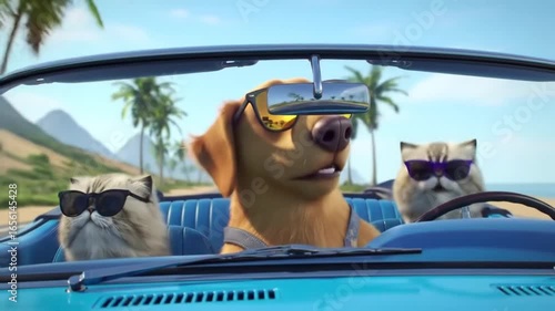 Animated Golden Retriever and Persian Cats Driving a Turquoise Convertible on a Beach Road Trip Under a Sunny Blue Sky Vacation Summer Holiday Cheerful Fun Automotive