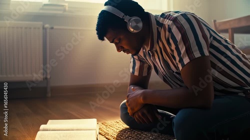 man sitting on the floor with book and headphones in cozy room – seamless loop
