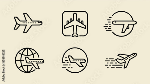 Airplane icon set design for travel and transportation representing air travel industry and holiday with thin line vector illustration