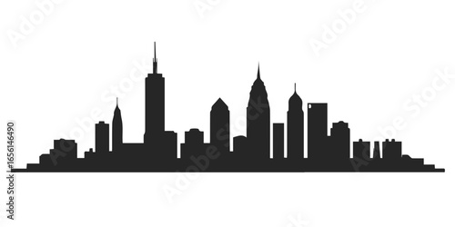 Silhouette of Cleveland skyline with distinct buildings on white background.