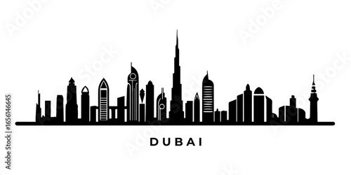 Silhouette skyline of Dubai with iconic buildings in black on white