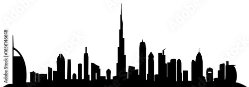 Silhouette skyline of Dubai with iconic landmarks.