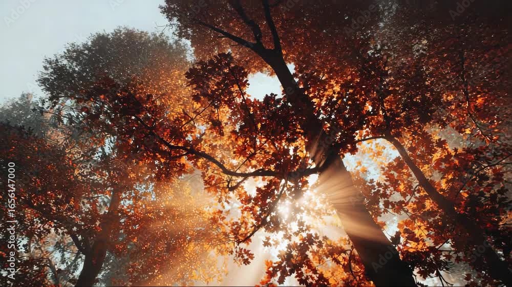 Sunlight streaming through autumn trees with golden leaves