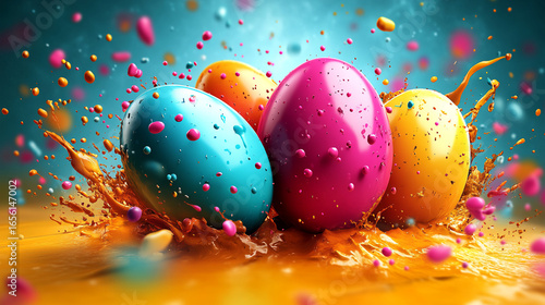 Four brightly colored eggs emerge from a splashing liquid, creating a lively scene.