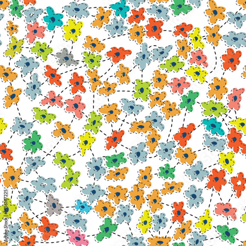 Colorful flowers pattern in various shapes and sizes, connected by dashed line on a white background