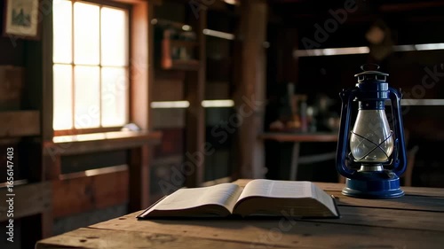 Old oil lamp and book on wooden table in cozy rustic cabin – seamless loop

