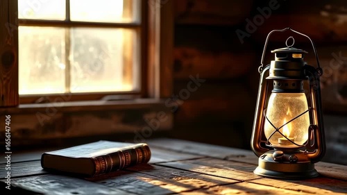Old oil lamp and book on wooden table in cozy rustic cabin – seamless loop

