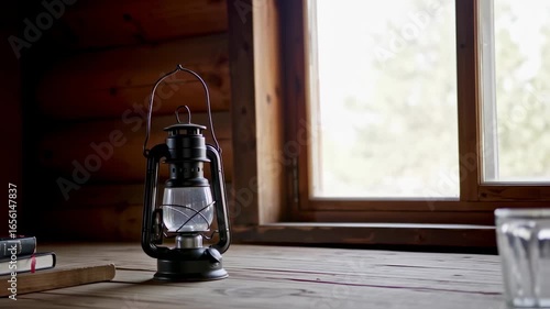 Old oil lamp on wooden table in cozy rustic cabin – seamless loop

