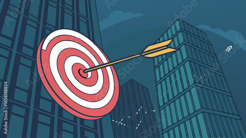 Bullseye Target with Arrow Hitting the Center Against Cityscape Background.