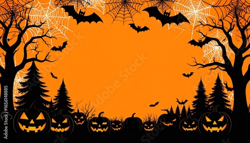 Halloween border frame with jack-o-lanterns, bats, spider webs and orange background