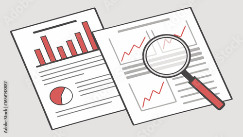Business Documents with Charts and Magnifying Glass.