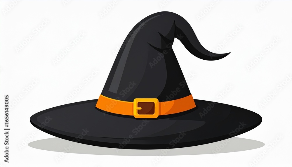 Naklejka premium Classic black witch hat with orange buckle. Vector illustration for Halloween