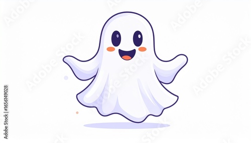 Friendly white ghost with a happy face and waving arms. Cartoon Halloween character.