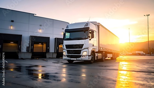 White truck parked in front of loading dock at sunset.