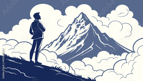 Businessman Contemplating Majestic Mountain Peak.