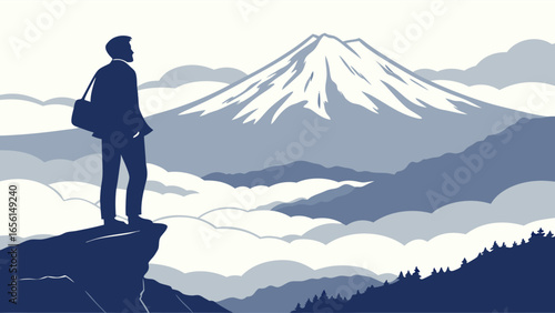 Businessman Contemplating Mountain Scenery.