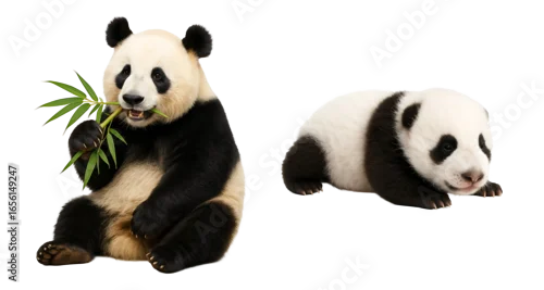 Fototapeta na wymiar set of pandas on a transparent background. panda eating bamboo on a transparent background. little newborn panda on a transparent background