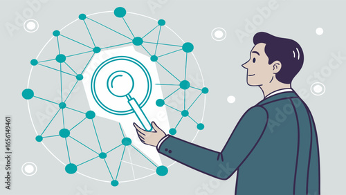 Businessman Examining Network with Magnifying Glass.