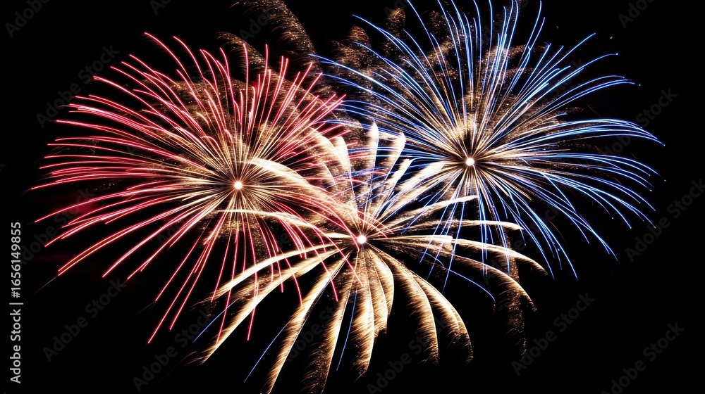 Fototapeta premium Fireworks burst in vibrant red, white, and blue against a black night sky