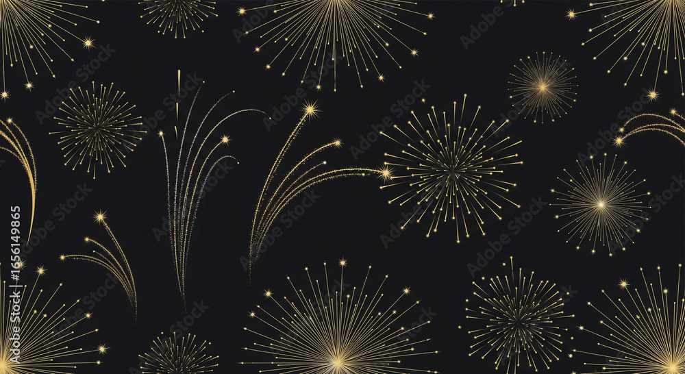 “Seamless vector pattern of abstract fireworks in gold and silver on dark background, elegant and minimal festive design.”