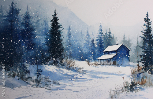 Wallpaper Mural A watercolor painting of a cabin in a snowy forest with tall trees and a mountain in the distance Torontodigital.ca