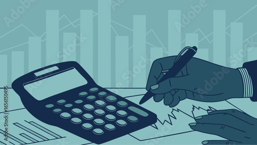 Businesspersons Hands Analyzing Financial Data with Calculator and Pen.