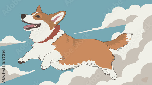 Cartoon Corgi Dog Flying Joyfully Through the Sky.