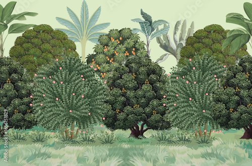 Seamless Mughal Garden Illustration, Seamless Wall Murals, Seamless Wallpaper, Mughal Tree.