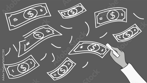 Chalk Drawing of Flying Dollar Bills Hand Drawing More.