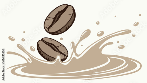 Coffee Beans Plunging into a Creamy Splash Illustration.
