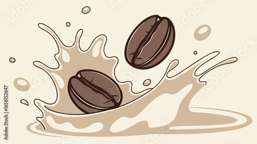 Coffee Beans Splashing into Creamy Liquid Illustration.