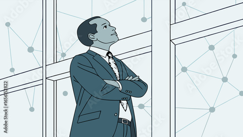 Confident Businessman Contemplating Network Connections.