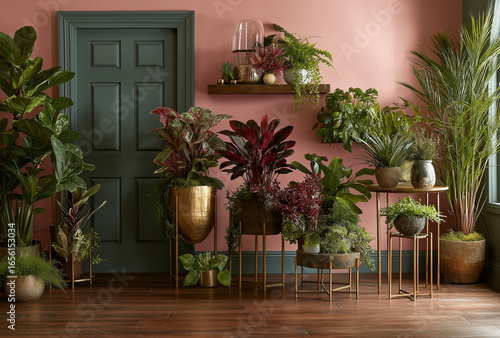 An indoor garden with a variety of potted plants against a pink wall and a green door frame
