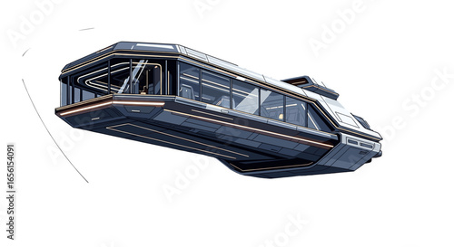 Futuristic transport vehicle with large windows and sleek design floating in a white space environment on transparent background