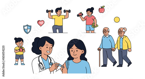 Illustration showing a doctor giving a vaccine to a patient with healthy lifestyle activities around her on transparent background