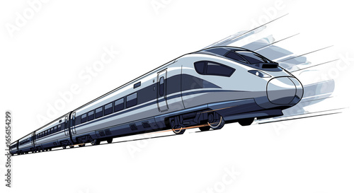 Illustration of a sleek silver high speed train speeding along the tracks with motion blur effect behind it on transparent background