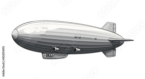 Illustration of a vintage airship with visible engines and tail fins against a white background design style on transparent background