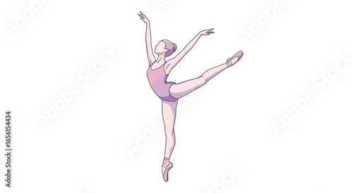 A ballerina in a pink leotard gracefully performs an arabesque with arms raised and pointe shoes on feet on transparent background