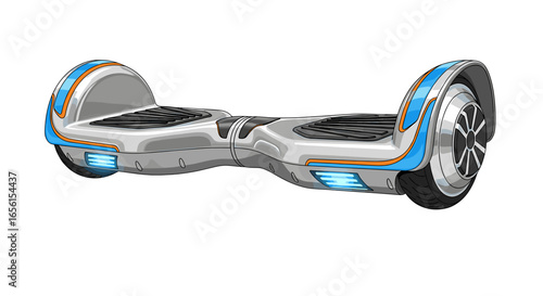 Illustration of a silver and blue hoverboard with orange accents and black grip pads on a white background on transparent background