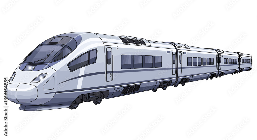 Naklejka premium Illustration of a sleek modern bullet train with multiple cars in a light gray color scheme on white background on transparent background