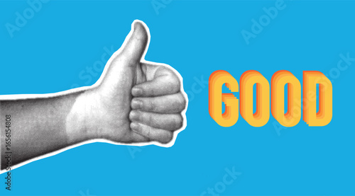 A halftone textured Thumb up hand sign symbol of Positive feedback. Pop art Approve collage sticker, icon.