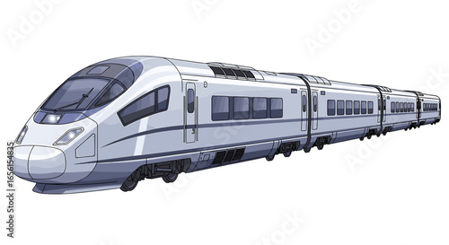 Illustration of a sleek modern bullet train with multiple cars in a light gray color scheme on white background on transparent background