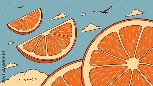 Floating Orange Slices Against a Pastel Sky.